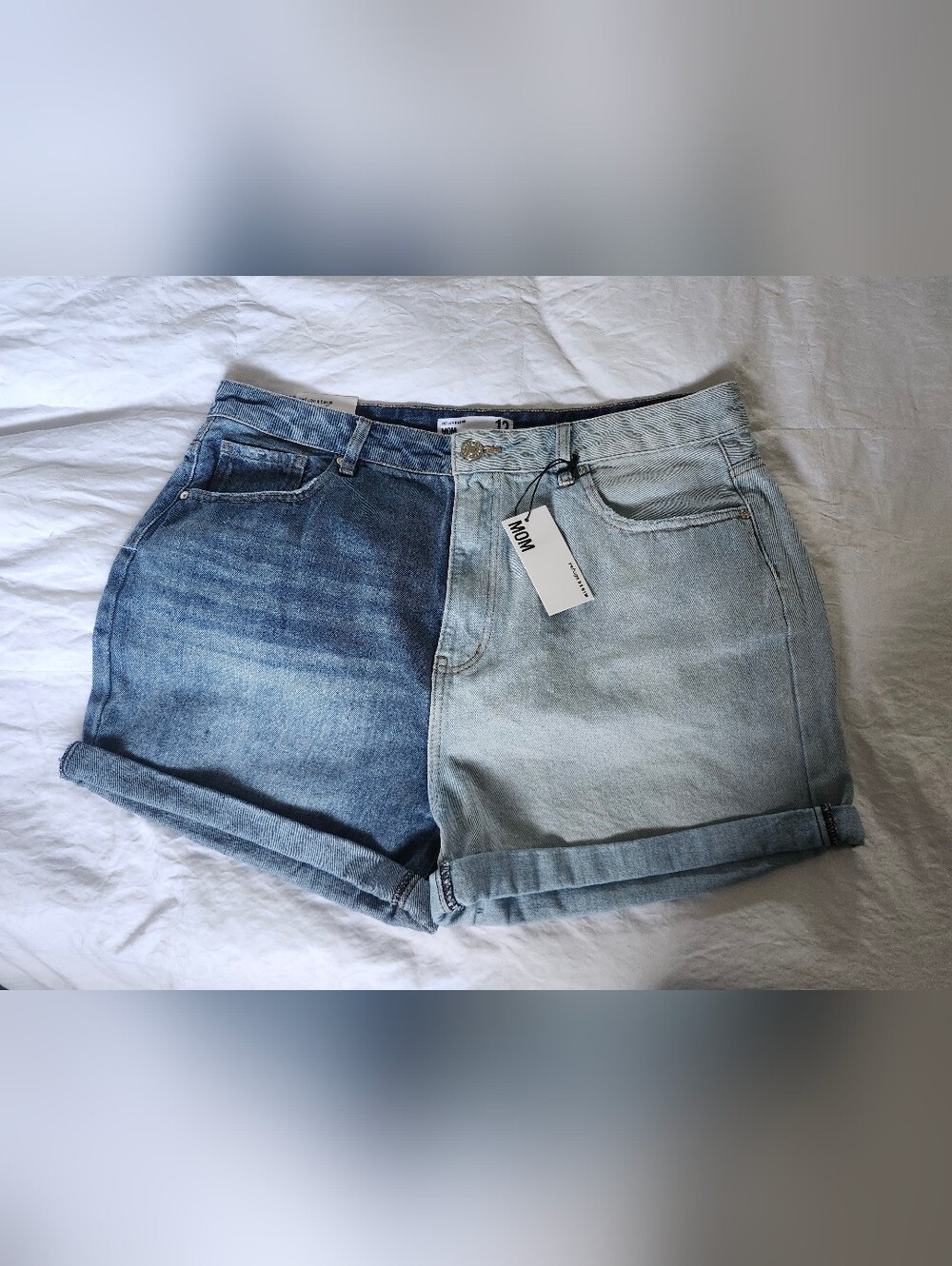 Refuge Two-Tone Denim High Waisted Shorts - Dark Blue & Light Blue